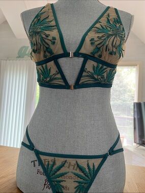 Thistle and Spire Teal Sheer Embroidered Bralette & Thong Set